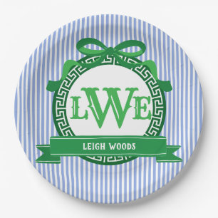 Classic Blue Stripes Green Greek Key Full Monogram Paper Plates