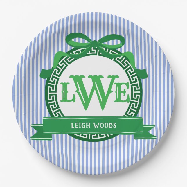 Classic Blue Stripes Green Greek Key Full Monogram Paper Plates (Front)