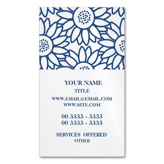 Classic Blue Sunflower Pattern Business Card Magnet (Front Vertical)