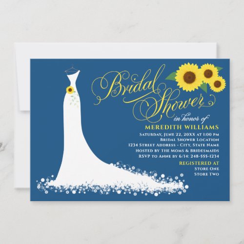 Classic Blue Sunflower Wedding Gown Bridal Shower Invitation