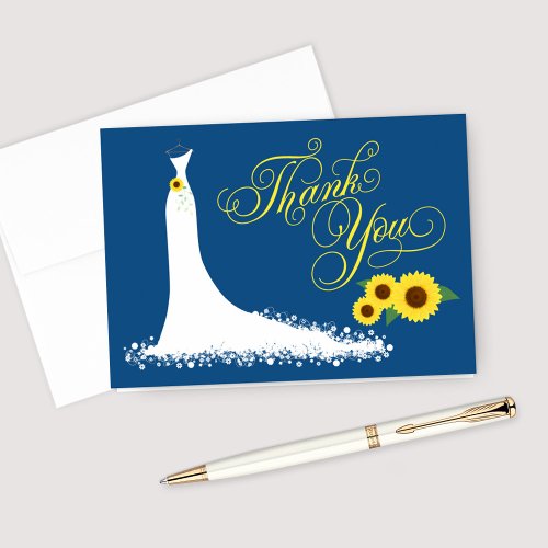 Classic Blue Sunflower Wedding Gown Bridal Shower Thank You Card