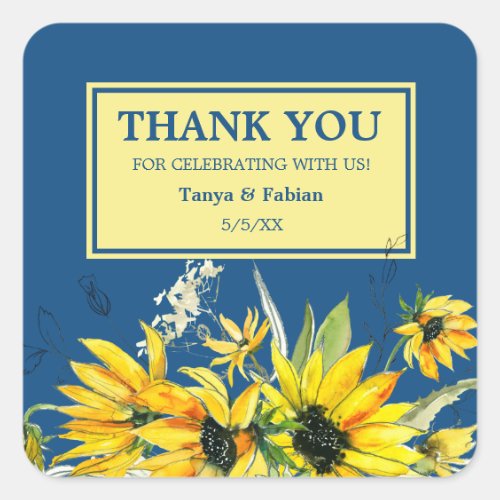 Classic Blue Sunflower Wedding  Square Sticker