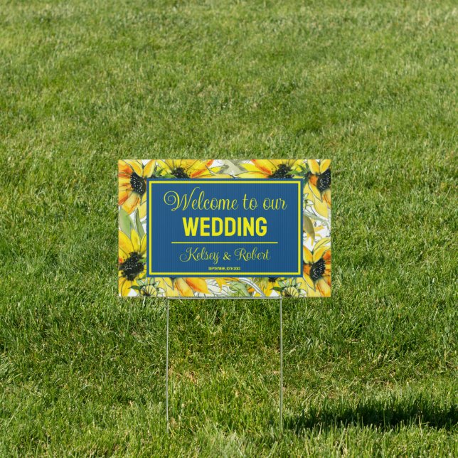 Classic Blue Sunflower Welcome Wedding Yard Sign (Insitu)