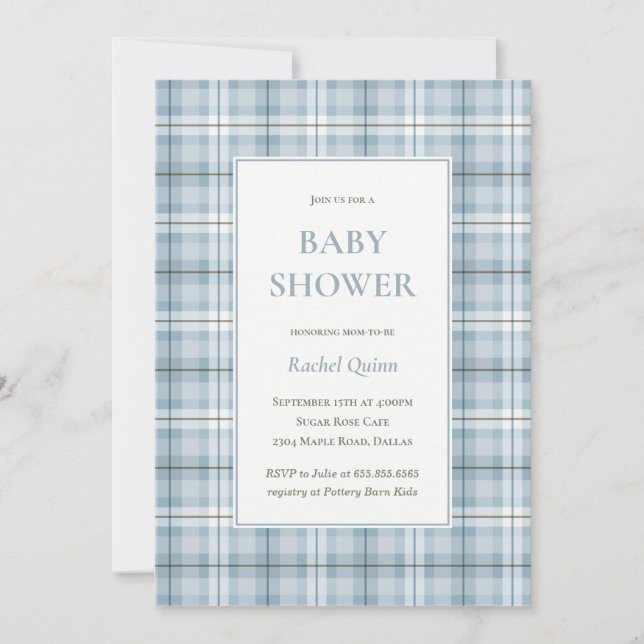 Classic blue tartan plaid pattern boy baby shower invitation (Front)