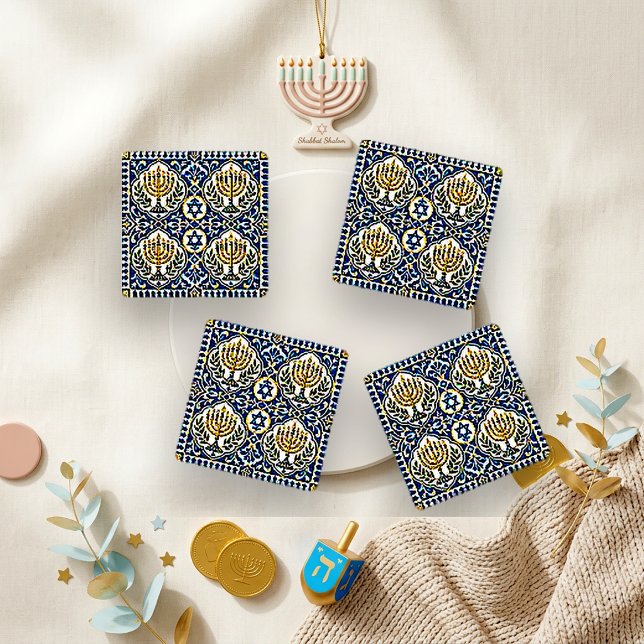Classic Blue Tile Hanukkah Menorah Coaster Set (Creator Uploaded)