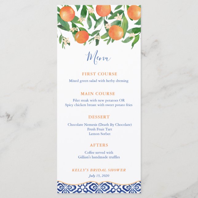 Classic Blue Tiles Citrus Oranges Wedding Shower Menu (Front)