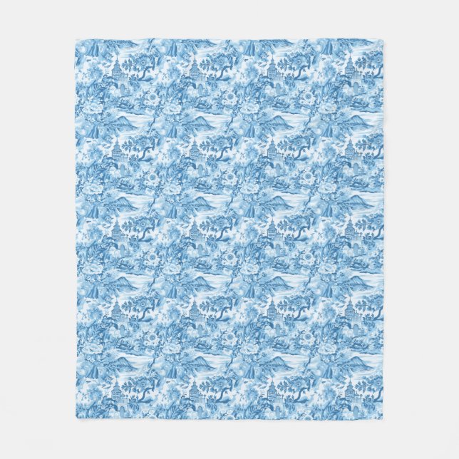 Classic Blue Toile Landscape Fleece Blanket (Front)
