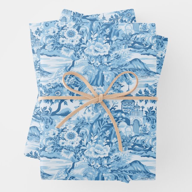 Classic Blue Toile Landscape Wrapping Paper Sheets (In situ)