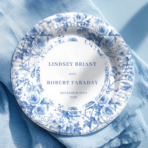 Classic blue toile roses wedding reception table paper plates