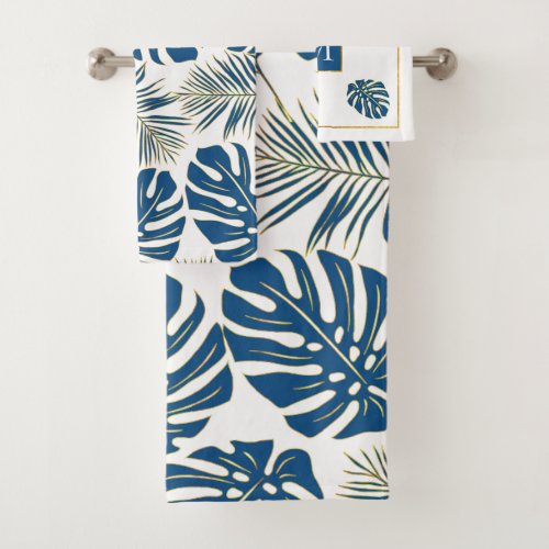 Classic blue tropical leaves and monogram bath towel set