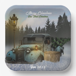 Classic blue Truck With a Christmas Tree. Paper Plates