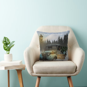 Classic blue truck with Christmas Tree. Throw Pillow