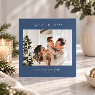 Classic Blue Two Photo Modern Christmas Square Holiday Card