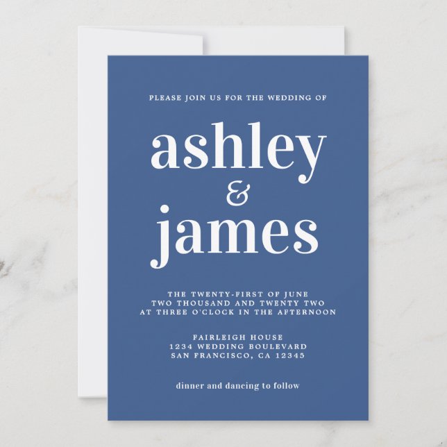 Classic Blue Typography Wedding Invitation (Front)
