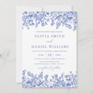 Classic Blue Vintage Floral Wildflower Wedding Invitation