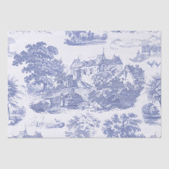 Classic Blue Vintage French Chateau Toile Tissue Paper (Front)