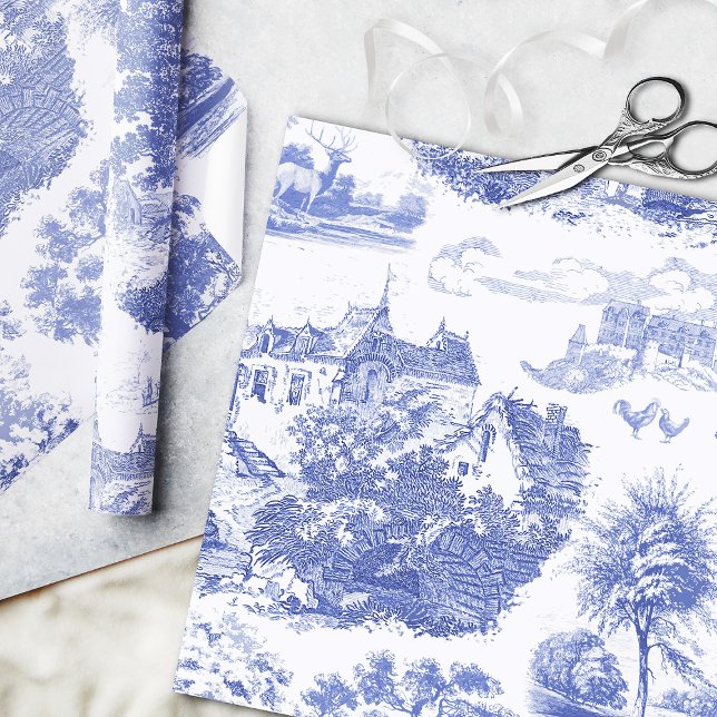Classic Blue Vintage French Chateau Toile Wrapping Paper (Creator Uploaded)