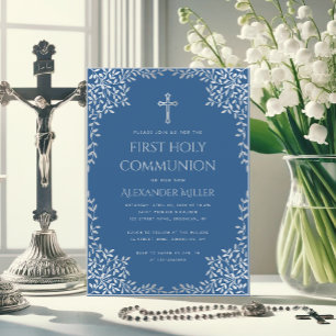 Classic Blue Vintage Leaves Boy First Communion Invitation