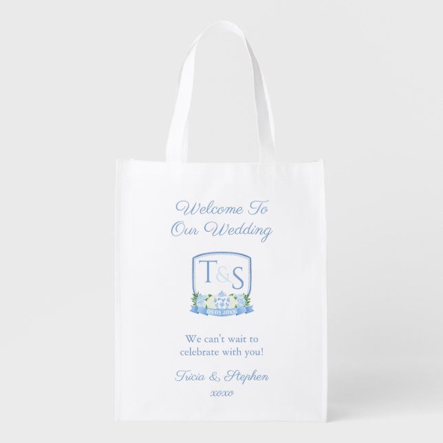 Classic Blue Watercolor Crest Wedding Welcome Bag (Front)