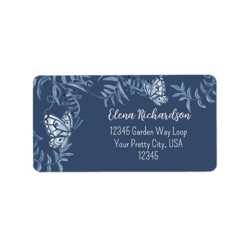 Classic Blue Watercolor Floral Butterfly Wedding Label