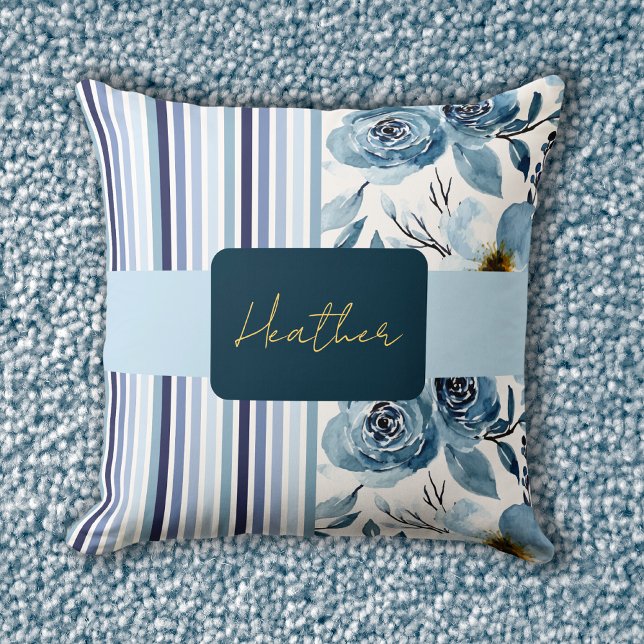 Classic Blue Watercolor Floral Striped Personalize Throw Pillow (Creator Uploaded)