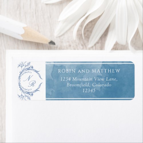 Classic Blue Watercolor Monogram Wedding Address Label