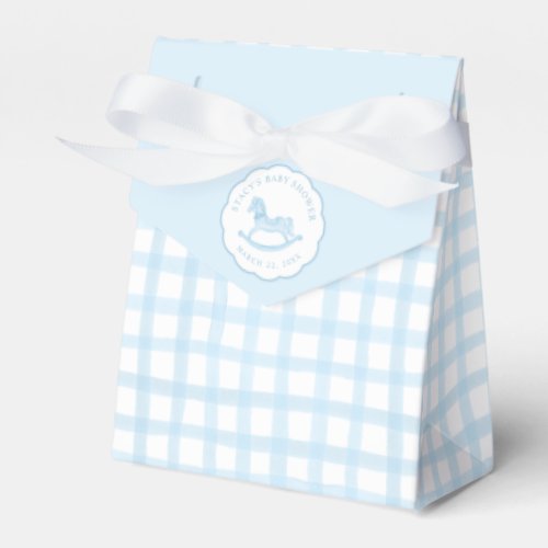 Classic Blue Watercolor Rocking Horse Gingham Baby Favor Boxes