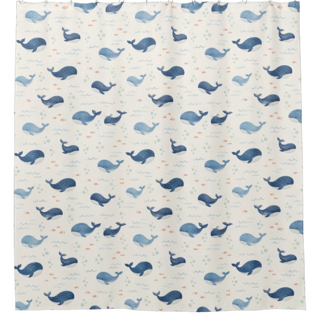 Classic Blue Whales Pattern with Little Stars Shower Curtain