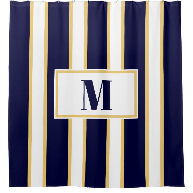 Classic Blue White and Gold Stripes Monogram Shower Curtain (Front)