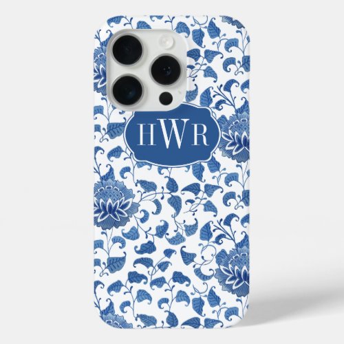 Classic Blue  White Antique Chinoiserie Monogram iPhone 15 Pro Case