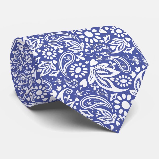 Classic Blue White Boho Chic Paisley Pattern Neck Tie (Rolled)