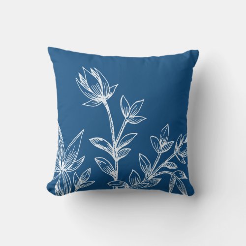 Classic Blue  White Botanical  Rhatany Flowers Throw Pillow