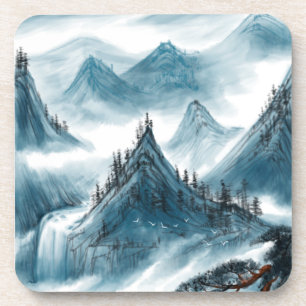 Classic Blue White Chinoiserie Landscape Painting Beverage Coaster