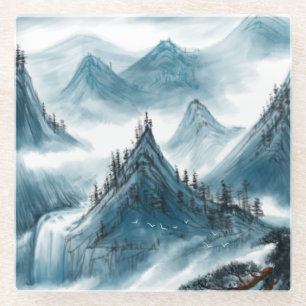 Classic Blue White Chinoiserie Landscape Painting Glass Coaster