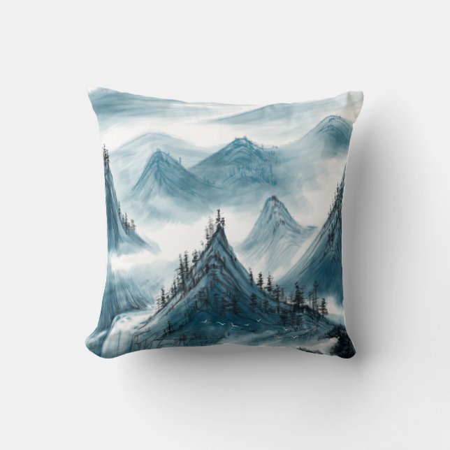 Classic Blue White Chinoiserie Landscape Painting Throw Pillow (Front)