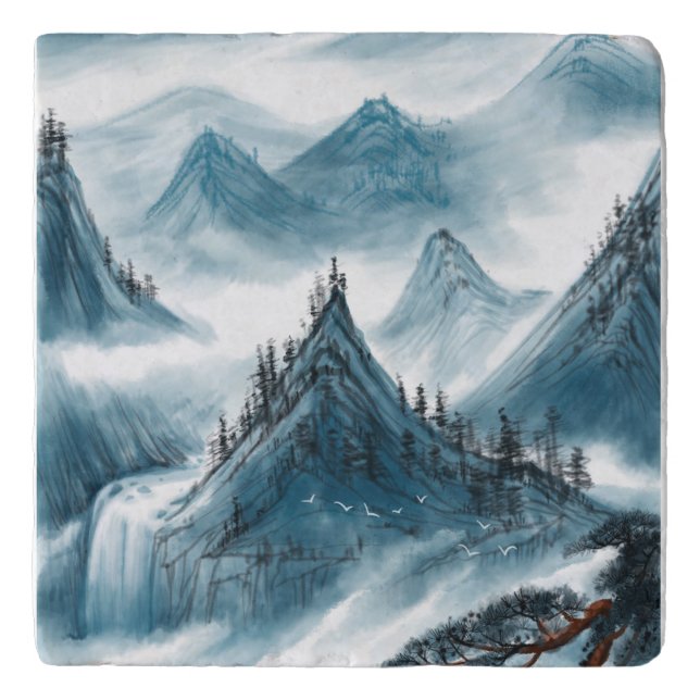 Classic Blue White Chinoiserie Landscape Painting Trivet (Front)