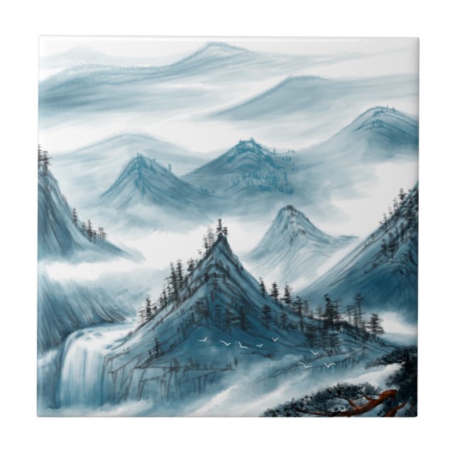 Classic Blue White Chinoiserie Mountains Painting Ceramic Tile (Front)