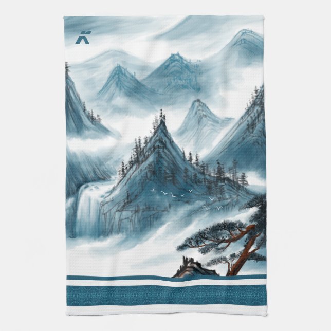 Classic Blue White Chinoiserie Mountains Painting Kitchen Towel (Vertical)