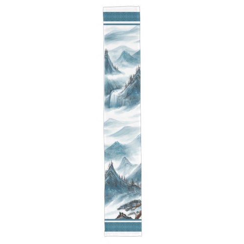 Classic Blue White Chinoiserie Mountains Painting Long Table Runner