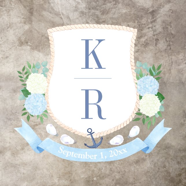 Classic Blue White Coastal Wedding Monogram Crest Floor Decals (Insitu)