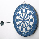 Classic Blue White Custom Family Name and Message Dart Board<br><div class="desc">A classic dartboard design with alternating classic blue and white triangles.
Above and below there are the name and a message as arched text, in caps.</div>