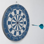 Classic Blue White Custom Family Name and Message Dart Board<br><div class="desc">A classic dartboard design with alternating classic blue and white triangles. 

Above and below there are the name and a message as arched text,  in caps.</div>