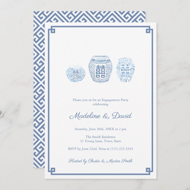 Classic Blue & White Engagement Party Dinner Invitation (Front/Back)