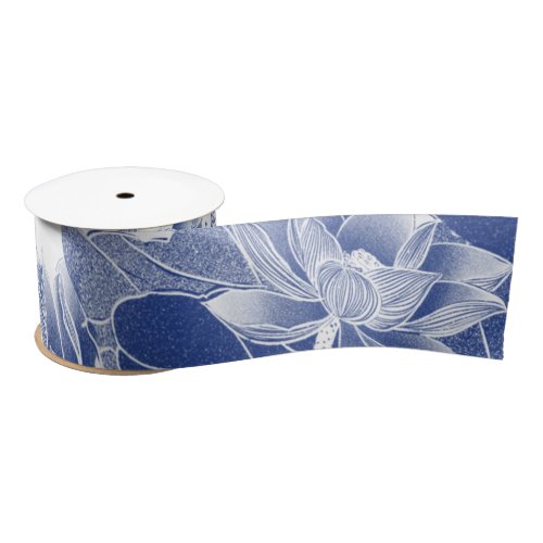 Classic Blue White Floral Lotus Garden Decorative Satin Ribbon