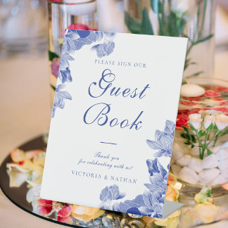 Classic Blue White Floral Wedding Guestbook Signs