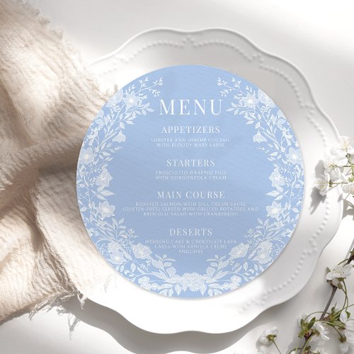 Classic blue white floral wedding round Flat Menu