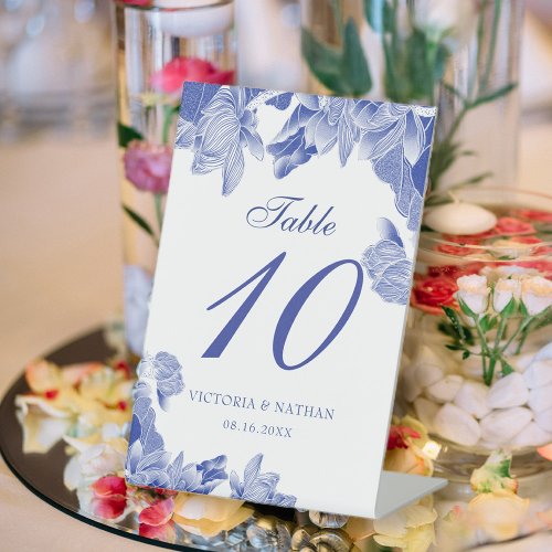 Classic Blue White Floral Wedding Table Number  Pe Pedestal Sign