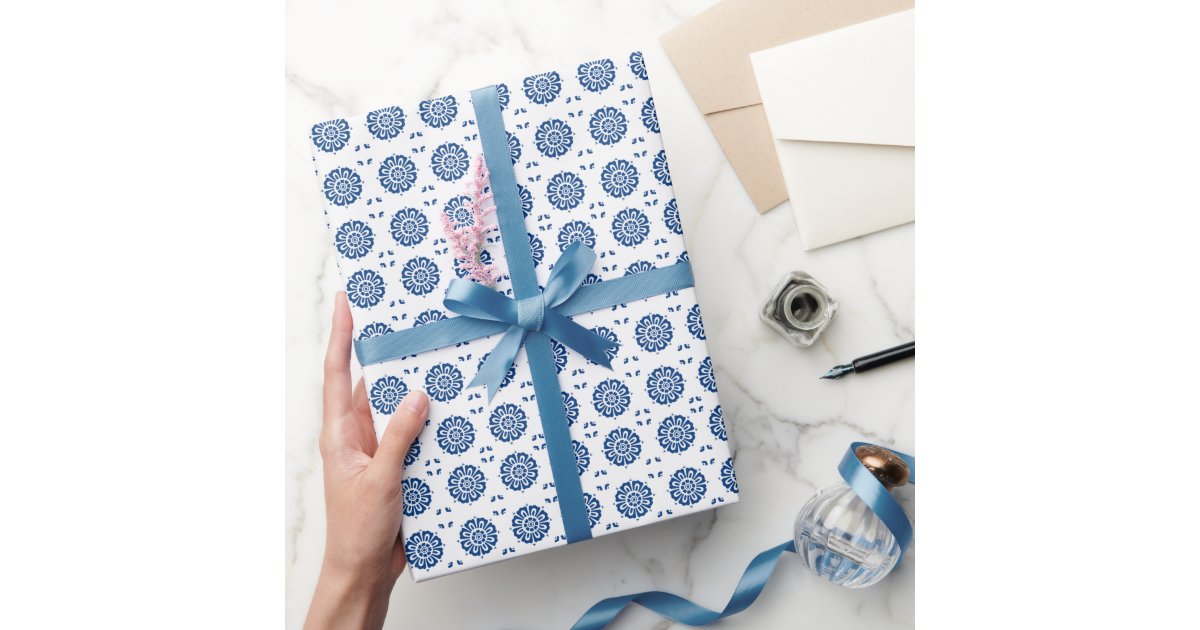 Classic Blue White Flower Pattern Wrapping Paper | Zazzle