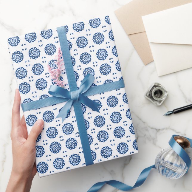 Classic Blue White Flower Pattern Wrapping Paper (Gifting)