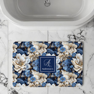 Classic Blue White Flowers Custom Name Bath Mat